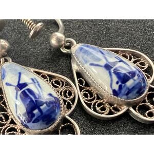 Late Vintage Delft Sterling Filigree Windmill Earrings
